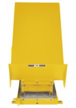The Vestil Lift Table 4K 24X48 Yellow 115V 1 Phase, ideal for construction or manufacturing, features a bright yellow metal design with a rectangular bottom opening and safety labels.