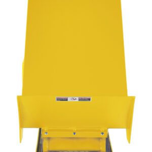 The Vestil Lift Table 4K 24X48 Yellow 115V 1 Phase, ideal for construction or manufacturing, features a bright yellow metal design with a rectangular bottom opening and safety labels.