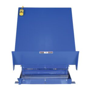 The Vestil Lift Table 4K 36X48 Blue features a slanted top surface and a yellow control switch on the upper left. It has a flat base exposing multiple components and is perfect for settings needing 230V 3-phase power.