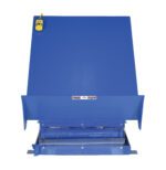 The Vestil Lift Table 2K 40X48 Blue, suitable for industrial use, has a yellow side control unit and raised deck. Its robust, durable surface conceals a metal base with a roller mechanism for heavy-duty tasks at 230V 3 Phase power.