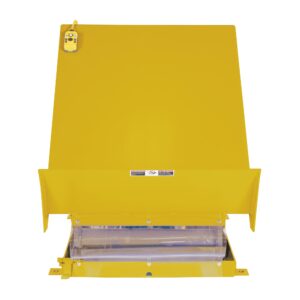 A yellow, industrial-grade compactor similar to the Vestil Lift Table 2K 40X48 runs on 230V 3 Phase, featuring control switches, a large rectangular body with a hinged front panel, and a partially visible compartment for compressed waste.