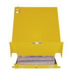 The Vestil Lift Table 4K 40X48 in bright yellow includes a large square ramp and a top-left control panel, with a transparent section near the bottom showing internal components. It features multiple labels against a white background and operates on 460V 3 Phase power for optimal performance.
