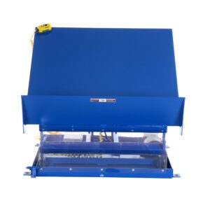 This blue Vestil Lift Table 2K 48X48 industrial machine has a hopper for material feed, a transparent front panel showing its inner workings, and a corded yellow control knob on the side. Ideal for efficient and reliable processing.