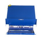 The Vestil Lift Table 4K 48X48 Blue features a large rectangular cover, a clear section revealing intricate metal workings, and a small yellow control box connected by a cable. The entire setup stands gracefully against a stark white background.