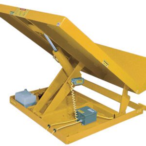 The Vestil Lift Table 4K 48X48 Yellow features a hydraulic scissor lift with a tilted platform, control box, and power unit. It operates on 208V 3 Phase for efficient functionality.