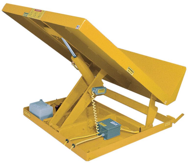 UNI-4848-4-YEL-208-3_A.jpg The Vestil Lift Table 4K 48X48 Yellow features a hydraulic scissor lift with a tilted platform, control box, and power unit. It operates on 208V 3 Phase for efficient functionality.