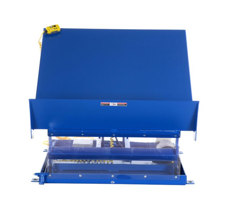 UNI-4848-6-BLU-230-3_A.jpg The Vestil Lift Table 6K features a blue rectangular metal frame and slanted cover with an exposed conveyor belt. It includes a yellow control box connected by a cord, is designed for heavy-duty tasks with dimensions of 48x48 inches, and operates on 230V 3 Phase power.