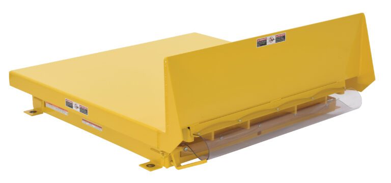 The Vestil Lift Table 6K 48X48 Yellow 460V 3 Phase is a yellow loading dock leveler with a raised front lip for bridging gaps, warning labels on the front and sides, and is designed for heavy-duty use.