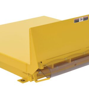 The Vestil Lift Table 6K 48X48 Yellow 460V 3 Phase is a yellow loading dock leveler with a raised front lip for bridging gaps, warning labels on the front and sides, and is designed for heavy-duty use.
