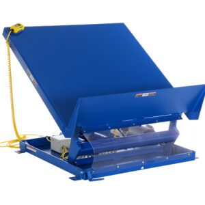 The Vestil Lift Table 2K 54X48 Blue, for industrial use, has a yellow control box on a coil cord and operates on 460V 3-phase power. Partially lifted, it showcases its mechanical prowess for safe elevation and precise positioning of heavy loads.