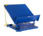 The Vestil Lift Table 4K 54X48 Blue is ideal for effortless bin dumping. With a yellow corded control switch and angled positioning, its design showcases the intricate mechanism beneath.