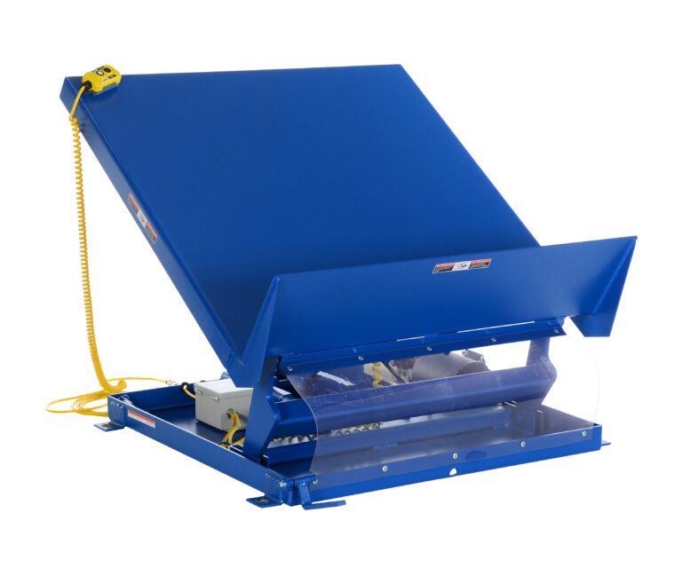 The Vestil Lift Table 6K 54X48 is a blue, metal hydraulic tilt table perfect for heavy objects, featuring a flat surface, angled backrest, and yellow wired control for safety. It operates on 460V 3 Phase power.