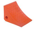 The Vestil Mini-Urethane Wheel Chock 7 X 6 X 8 is an orange triangular chock featuring a textured surface for enhanced grip.