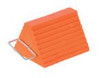 The Vestil Urethane Wheel Chock W/Handle 6X9.5X8 is an orange, wedge-shaped tool with a ridged surface and metal handle, perfect for preventing vehicle rolling.