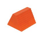 The Vestil Urethane Wheel Chock 6L X 9.5W X 8H is an orange rubber chock with a pyramid shape, ridged surface, and stepped design.