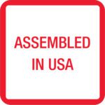 A white background with a red border showcases MH-USA 1 x 1 - Assembled in U.S.A. Labels (500/Roll) printed in red, centered on the square.