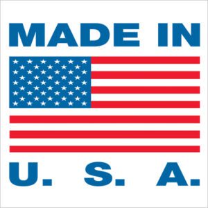 The MH-USA 2 x 2 - Made in U.S.A. Labels (500/Roll) feature an American flag design with MADE IN U.S.A. in bold blue letters, showcasing 50 white stars on a blue field and the iconic red and white stripes.