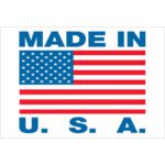 The MH-USA 2 x 3 labels display MADE IN U.S.A. in bold blue letters around an American flag with red and white stripes and stars on a blue field, perfectly centered. Each roll contains 500 of these icons of craftsmanship and pride.