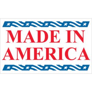 Bold red MADE IN AMERICA text sits within a border of blue wavy lines and stars, perfect for MH-USA 3 x 5 - Made in America Labels (500/Roll), highlighting American craftsmanship with this patriotic design.