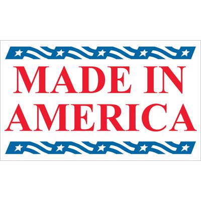 USA502.jpg Bold red MADE IN AMERICA text sits within a border of blue wavy lines and stars, perfect for MH-USA 3 x 5 - Made in America Labels (500/Roll), highlighting American craftsmanship with this patriotic design.