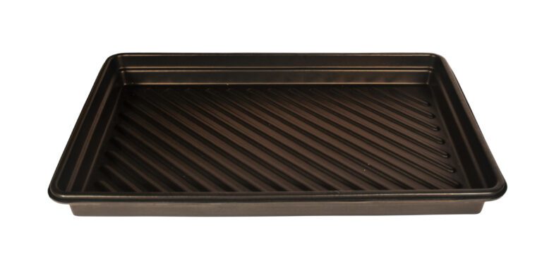 UT-TRAY-2436_A.jpg This sleek, glossy black rectangular baking tray, similar to the Vestil Utility Tray 40.25 x 28.25 inches (18 gallons), features raised diagonal ridges and edges for optimal functionality when viewed from above.
