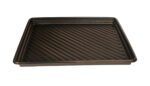 The sleek, black grill pan with raised diagonal ridges and shallow sides is perfect for grilling or baking. It complements the versatile 30-gallon Vestil Utility Tray 52 X 44, providing exceptional cooking convenience for culinary enthusiasts.