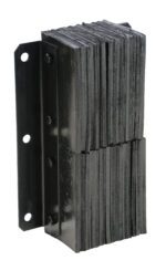 A vertical black metal bracket holds a stack of neatly layered black rectangular rubber sheets, resembling the Vestil Laminated Dock Bumper 20H X 11W X 6L, with holes for easy attachment.