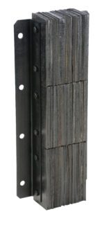 A stack of rectangular, rough-textured metal plates bolted together, like a Vestil Laminated Dock Bumper 30H X 11W X 4.5L, stands vertically. They are mounted to a vertical black metal strip with pre-drilled holes.