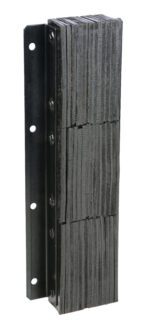 Black rubber Vestil Laminated Dock Bumper fenders (36H x 11W x 4.5L) are set vertically on a metal bracket with side holes, featuring a layered texture.
