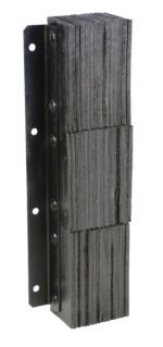 The Vestil Laminated Dock Bumper, measuring 36H x 11W x 6Hl, features a black hinge and two stacked rubber block sections designed for exceptional impact resistance and cushioning.