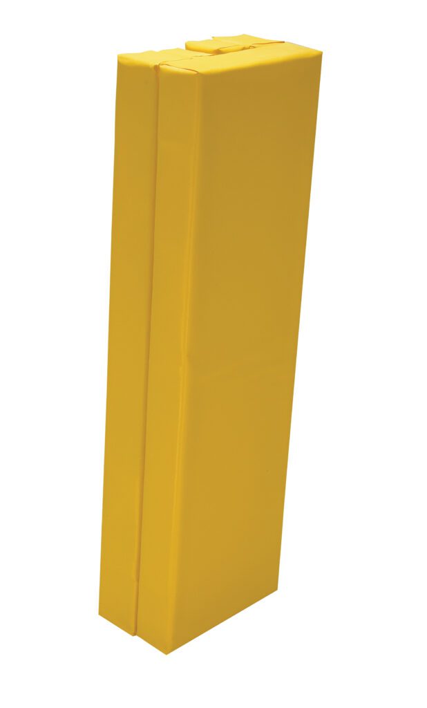 V-PAD-I-310-Y_A.jpg A tall, smooth yellow rectangular box, akin to the Vestil Column Protective Pad I-Beam 3Ft 10In Yl, stands upright against a plain white background.