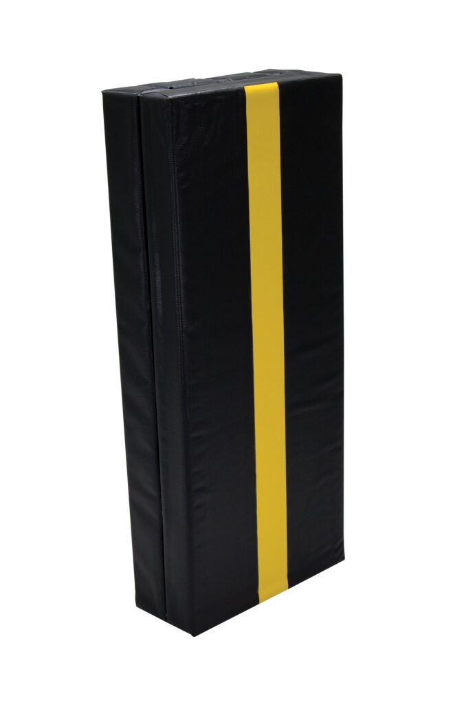 The Vestil Column Protective Pad I-Beam 3 Ft 6In Bk is a black rectangular sports tackle pad with a central yellow vertical stripe, ideal for intense training in contact sports like rugby and football.
