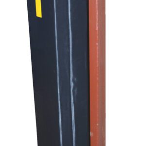 The black Vestil Column Protective Pad I-Beam 6Ft 10In Bk, featuring yellow stripes, is wrapped around a red metal column to cushion impacts and provide protection, making it ideal for industrial or warehouse environments.