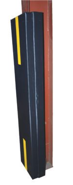 The Vestil Column Protective Pad I-Beam 6 Ft 9In Bk is a black and yellow cushion designed for red structural columns, standing 6 ft 9 in tall. It prevents damage or injury with two vertical yellow stripes for added visibility.