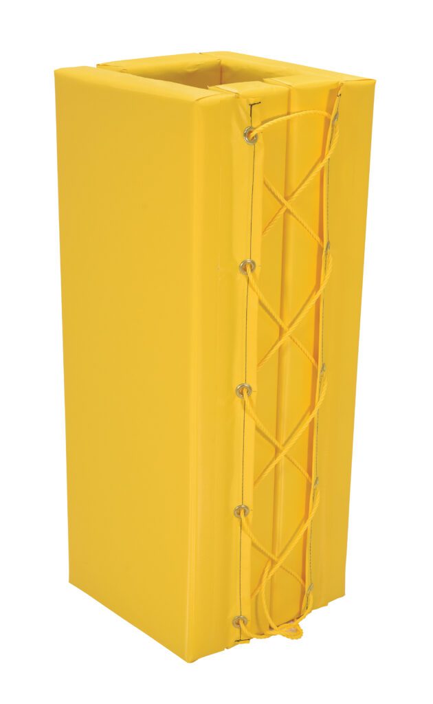 The Vestil Column Prot Yellow Pad Square3Ft 11In Yl is a durable yellow rectangular padded pole cover with one side laced, made to cushion or protect poles in various settings.