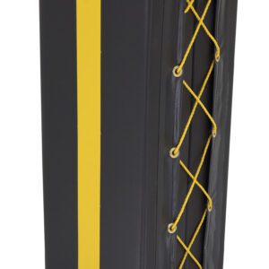 The Vestil Column Protective Pad Square 3Ft 6 In Bk is a sleek, tall, rectangular black protector with a vertical yellow stripe and yellow lacing, standing at 3 ft 6 in.