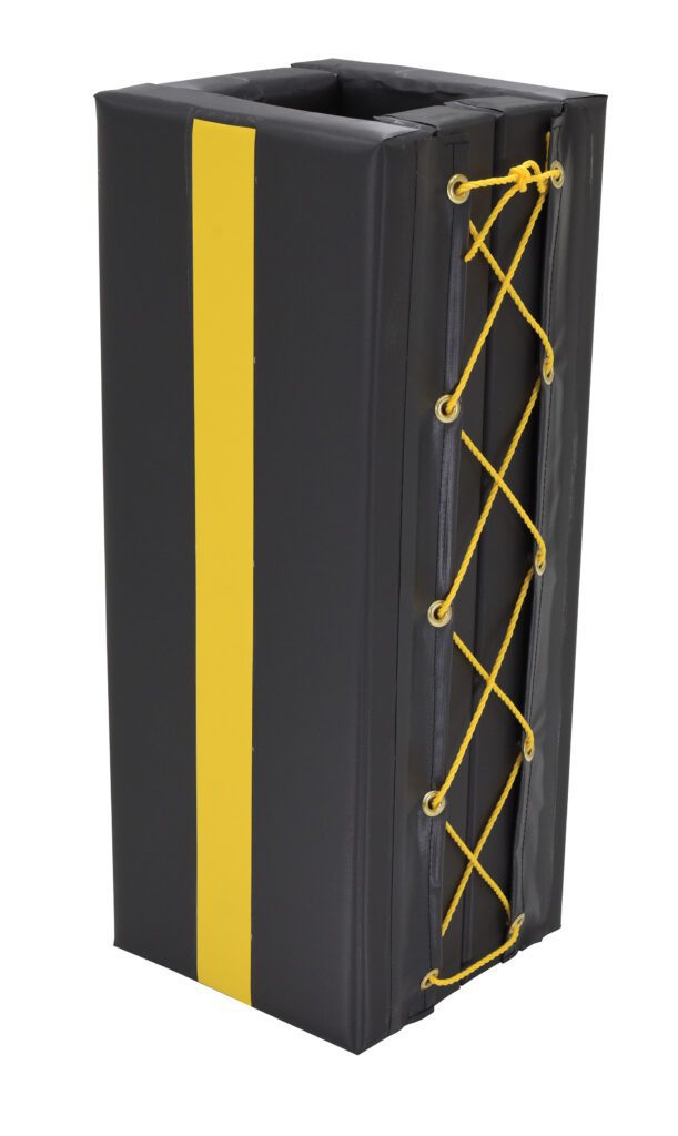 The Vestil Column Protective Pad Square 3Ft 8 In Bk features a square black cushion with a yellow vertical stripe and yellow laces, designed for padding and protection, shown standing upright against a plain background.