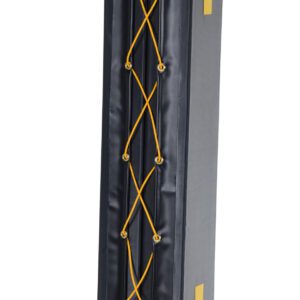 A tall black punching bag with yellow crisscross lacing resembles the Vestil Column Protective Pad Square 6Ft 12In Bk, featuring yellow vertical strips on its dark surface. Its upright form is akin to a padded column.
