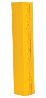 A tall, rectangular yellow object with a crisscross pattern resembles the Vestil Column Protective Pad Square 6Ft 5In Yl, designed to be supportive and protective.