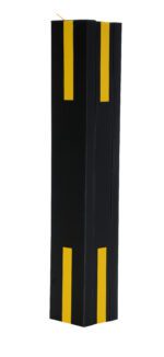 A black upright rectangular object with yellow stripes, similar to the Vestil Column Protective Pad Square 6Ft 6 In Bk, stands at a height of 6 feet and 6 inches.