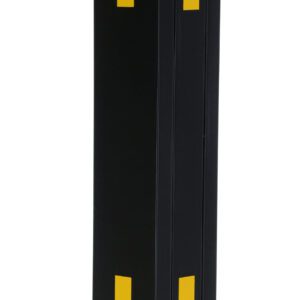 A black upright rectangular object with yellow stripes, similar to the Vestil Column Protective Pad Square 6Ft 6 In Bk, stands at a height of 6 feet and 6 inches.