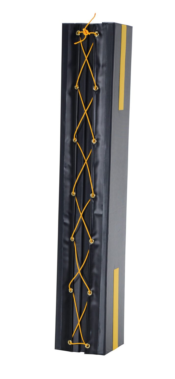 The Vestil Column Protective Pad Square 6Ft 7 In Bk is a tall, rectangular black pad with bold yellow side stripes and crisscross lacing on the front, designed for robust protection.