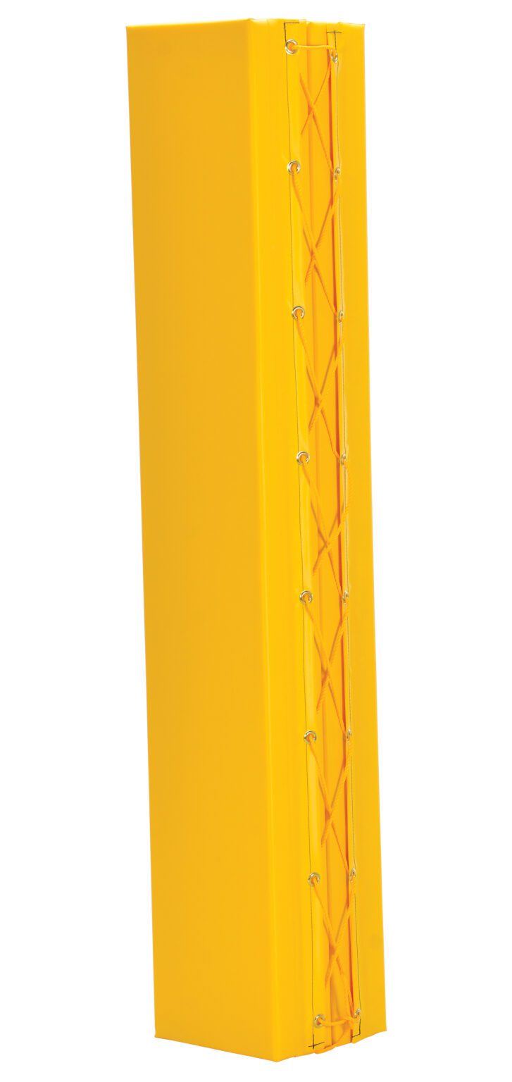 V-PAD-S-68-Y_A.jpg The Vestil Column Protective Pad Square 6Ft 8 In Yl is a tall, rectangular yellow cover featuring soft material for safety and impact absorption, with a crisscross string closure on one side.