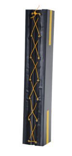 A rectangular, black padded object with yellow trim and crisscrossed cords resembles the Vestil Column Protective Pad Square 6Ft 9 In Bk, likely used as a punching bag or protective martial arts padding.