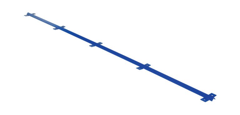 A sleek, blue metal strip reminiscent of the Vestil Gantry Crane-V-Groove Track 120 In has evenly spaced rectangular brackets protruding along one side, subtly tapering at one end against a white background.