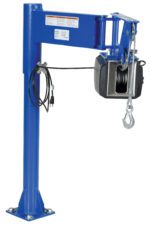 The Vestil Lifter Jib - AC Powered features a blue metal lift arm on a vertical post with a sturdy base. It includes an efficient pulley system with a coiled cable and end hook, while electrical cables run alongside the post for seamless power delivery.