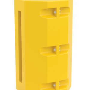 A yellow hexagonal plastic barrier with vertical side slits and front rectangular cutouts, similar to the Vestil Column Protector 10 In Square, features angular surfaces for secure installation and an open top for versatile use.