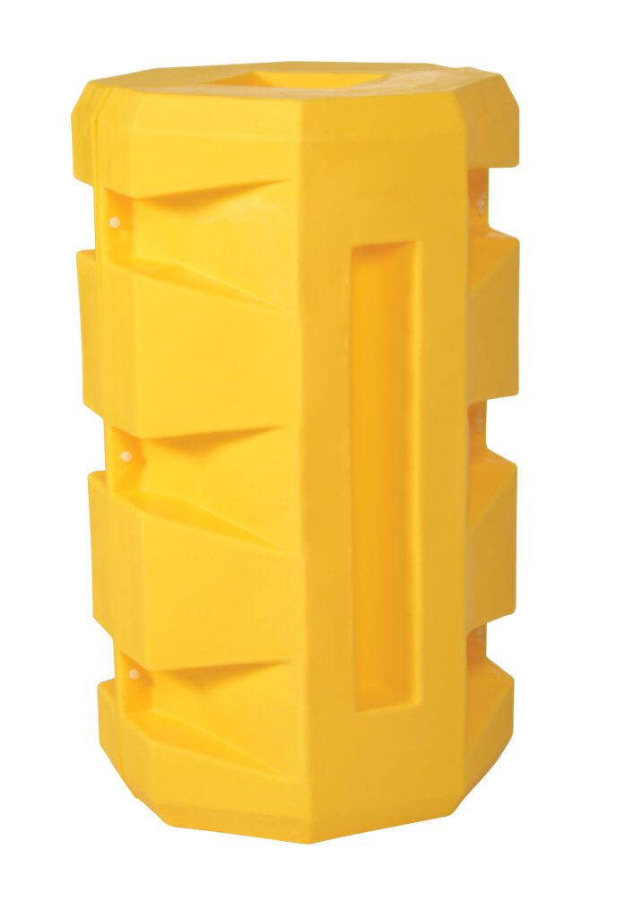 The Vestil Column Protector 12 In Square is a yellow plastic road barrier with a geometric design, similar to an octagon, and features recessed vertical grooves for increased visibility and structural support.