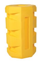 A yellow rectangular traffic barrier, similar to the Vestil Column Protector 8 In Square, has a hollow center and textured sides for impact absorption and road safety. Zigzag grooves and sturdy plastic ensure its durability.
