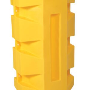 A yellow rectangular traffic barrier, similar to the Vestil Column Protector 8 In Square, has a hollow center and textured sides for impact absorption and road safety. Zigzag grooves and sturdy plastic ensure its durability.